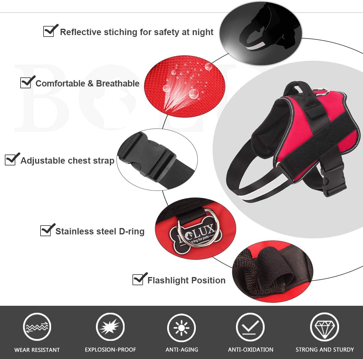Bolux Dog Harness, No-Pull Reflective Dog Vest, Breathable Adjustable Pet Harness with Handle for