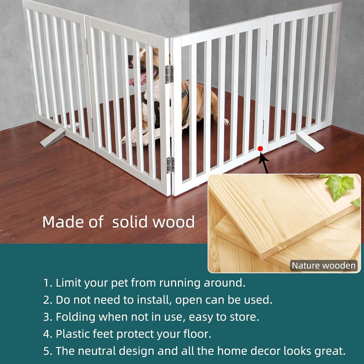 ZJSF Freestanding Indoor Dog Gate for House Foldable Wood White Puppy Gate for Doorways Pet Gate