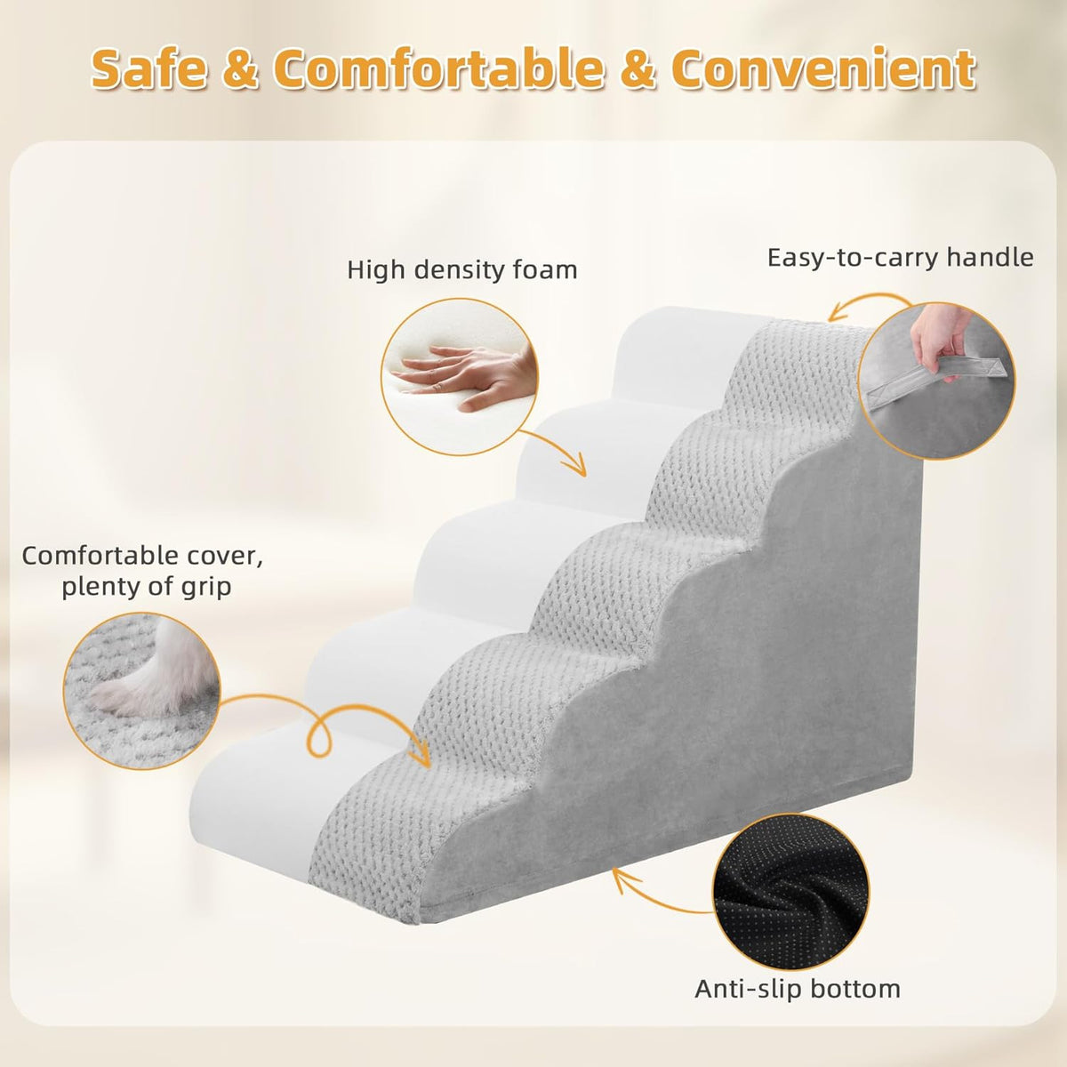 MIHIKK Dog Stairs Ramp, Curved 5-Step Dog Steps for Small Dogs and Cats, Pet Stairs for High Beds