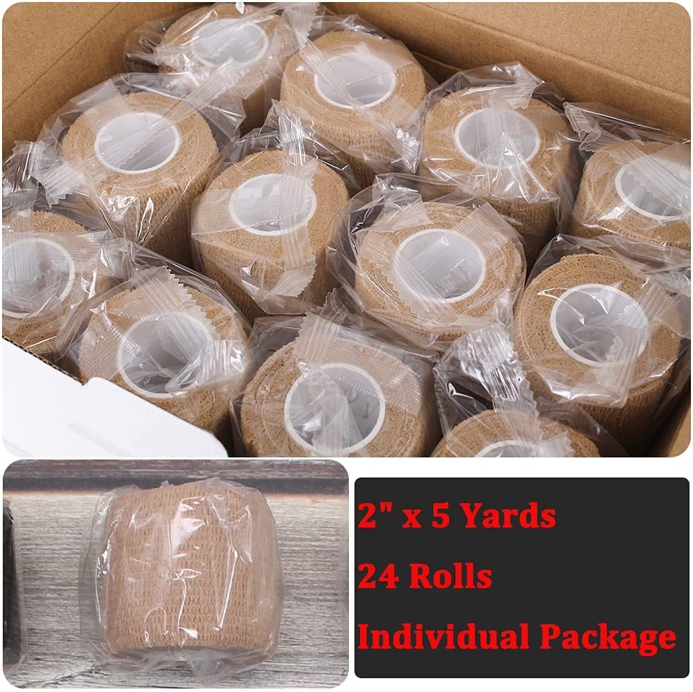24 Pack Brown Breathable Self Adhesive Bandage Wrap 2 in, Multi-Purpose Non-Woven Cohesive Wrap