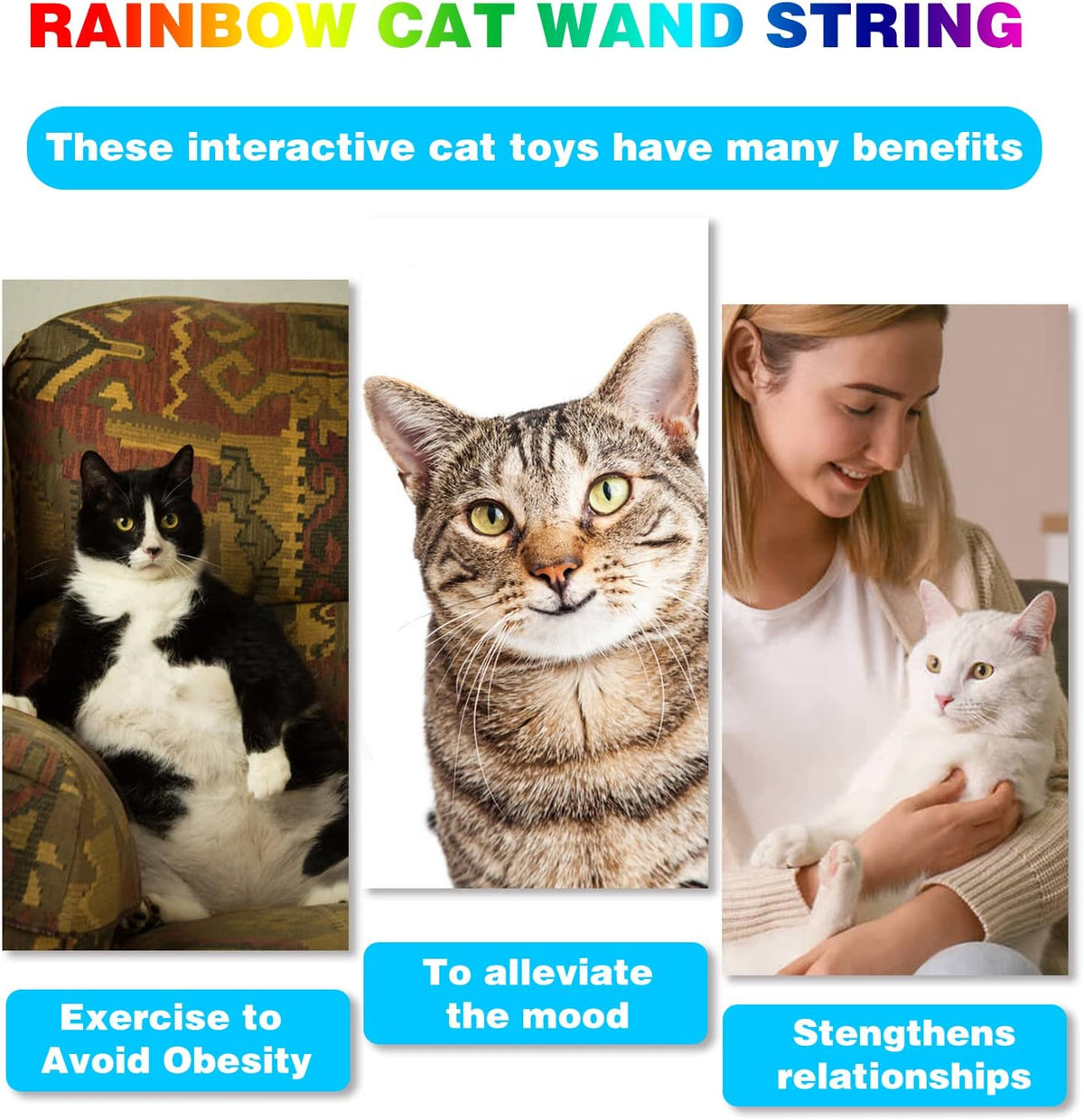 Cat Wand Toys Interactive Kitten Toys for Indoor Cats Colorful Teaser Wand String for Exercise