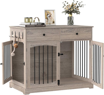BREEZEHEAT 40 inch Dog Crate Furniture-Farmhouse Dog Kennel with Drawers-End Table Wooden Pet