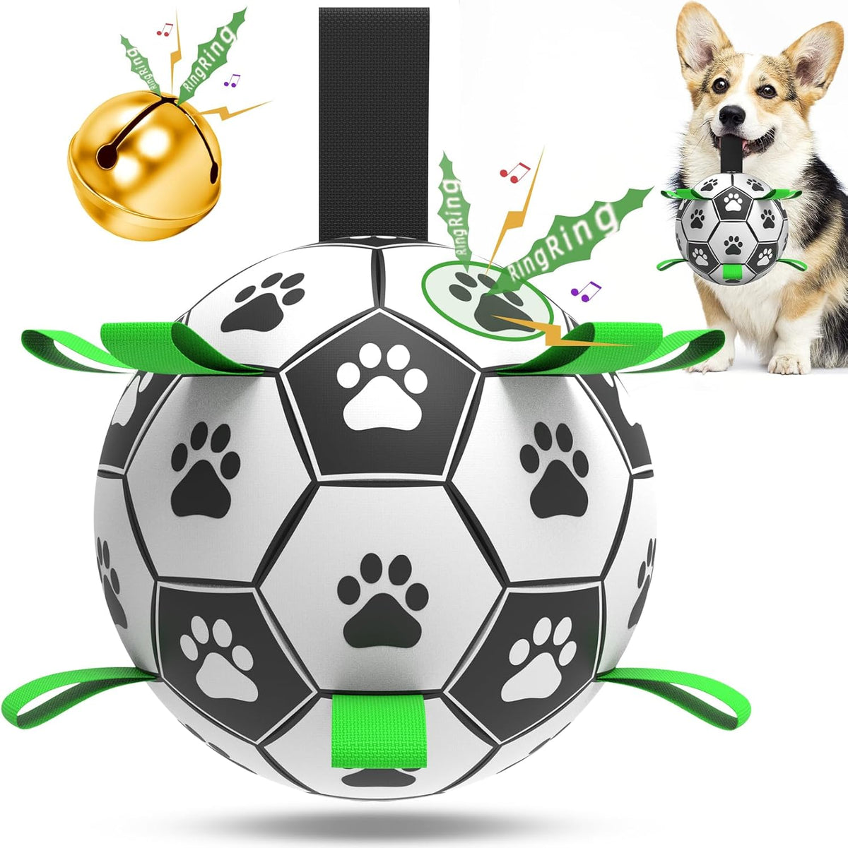QDAN Dog Soccer Balls Toy with Bell Inside, Outdoor Interactive Toys for Tug of War, Puppy Birthday