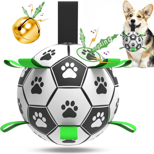 QDAN Dog Soccer Balls Toy with Bell Inside, Outdoor Interactive Toys for Tug of War, Puppy Birthday
