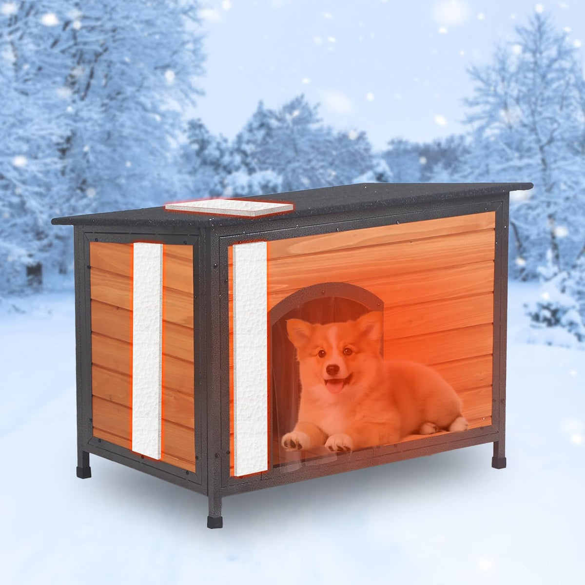Dog House Outdoor Insulated 34.3" L Dog Kennel 6 Sides All-Round Foam Winter Weatherproof for Small