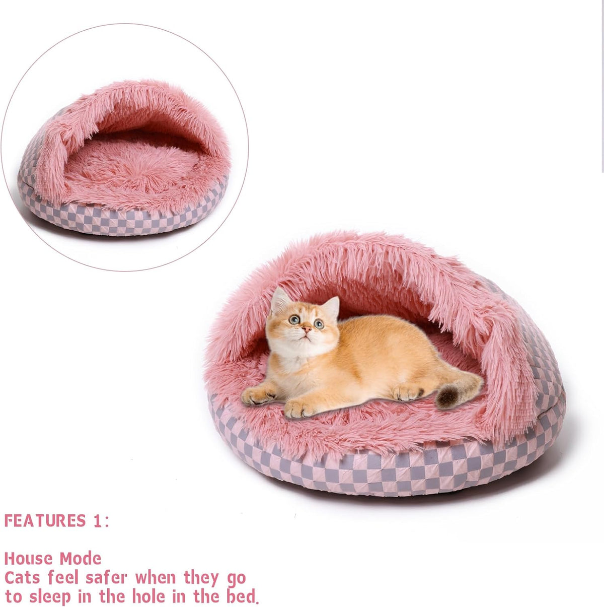 Cat Bed Hooded Plush Nest with Self-Warming Cozy Cave, Calming Anti-Anxiety Pet Bed for Indoor Cats
