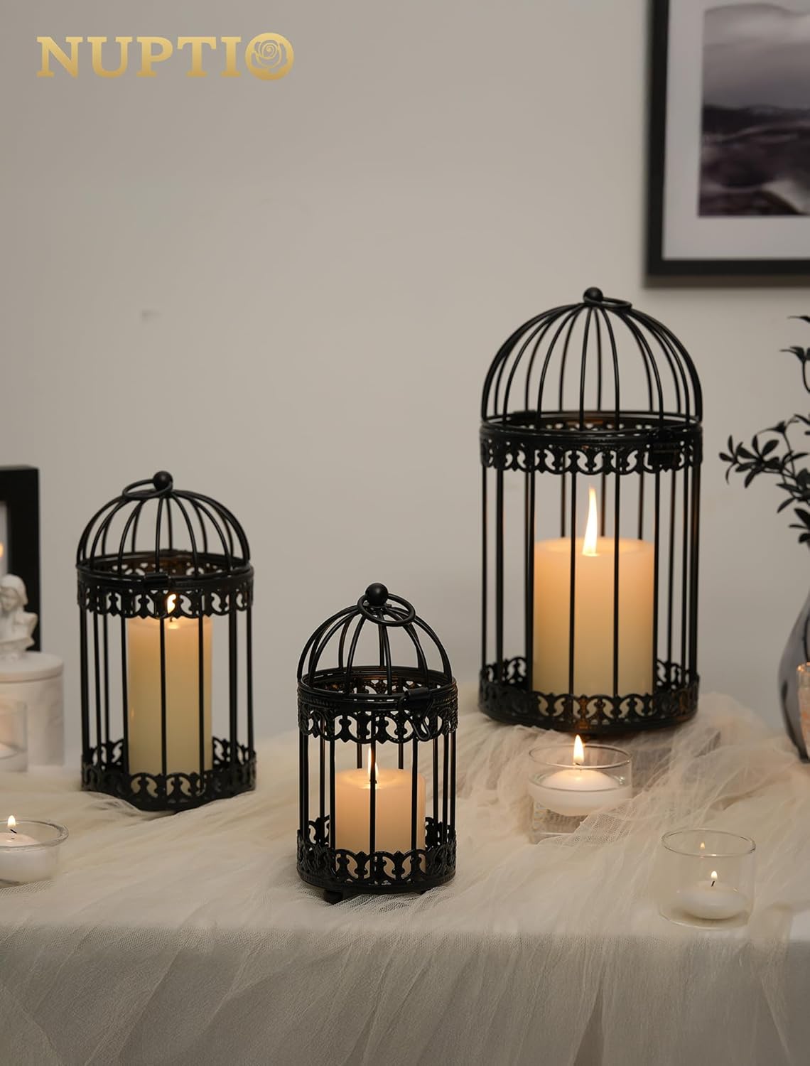 NUPTIO Decorative Bird Cages for Centerpiece: Black Vintage Bird Cage Hanging Lantern Set of 3