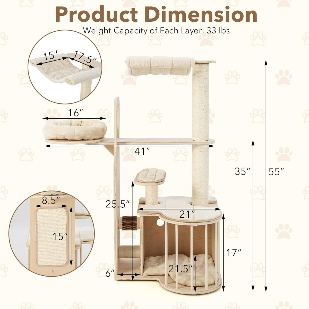 Tangkula Wood Cat Tree for Indoor Cats, 55 Inch Multi-Level Cat Tower Activity Center with Hammock