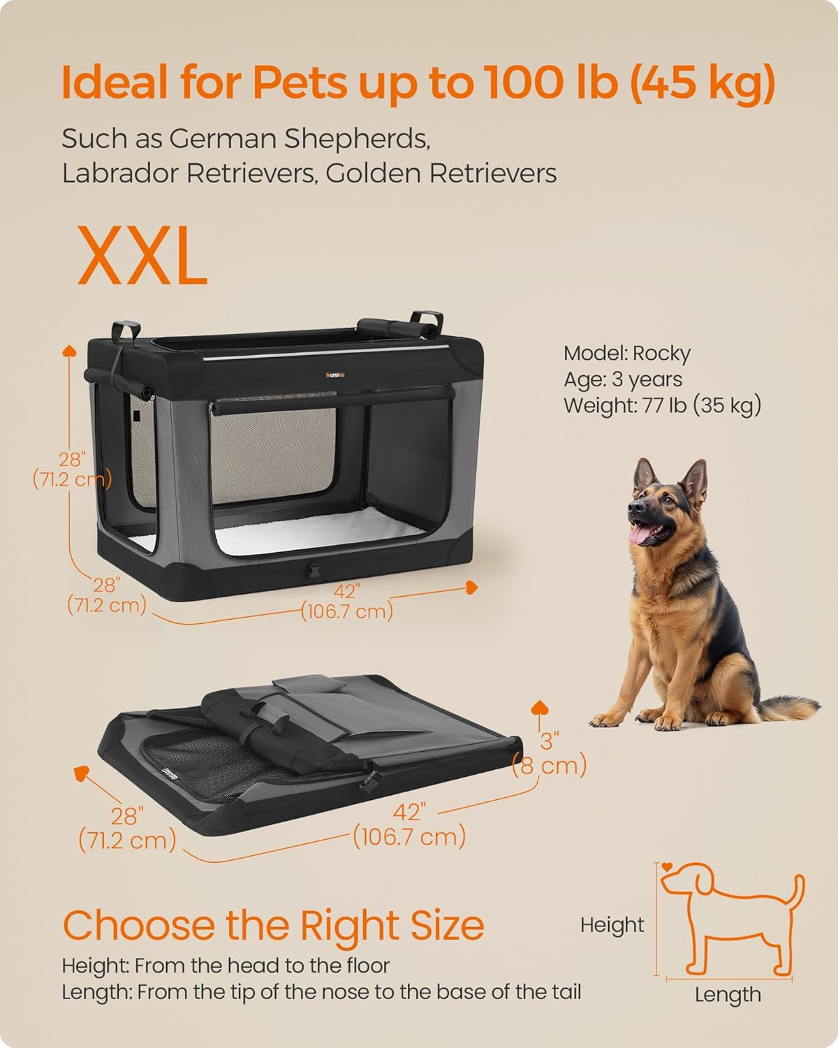 Feandrea Collapsible Dog Crate, 42-Inch Portable Dog Travel Crate for Large Dogs, Oxford Fabric Pet