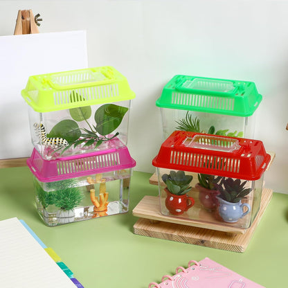 NOLITOY 4pcs Mini Fish Tank, Plastic Fish Box Breeding Case with Handle Desktop Reptile Carrier