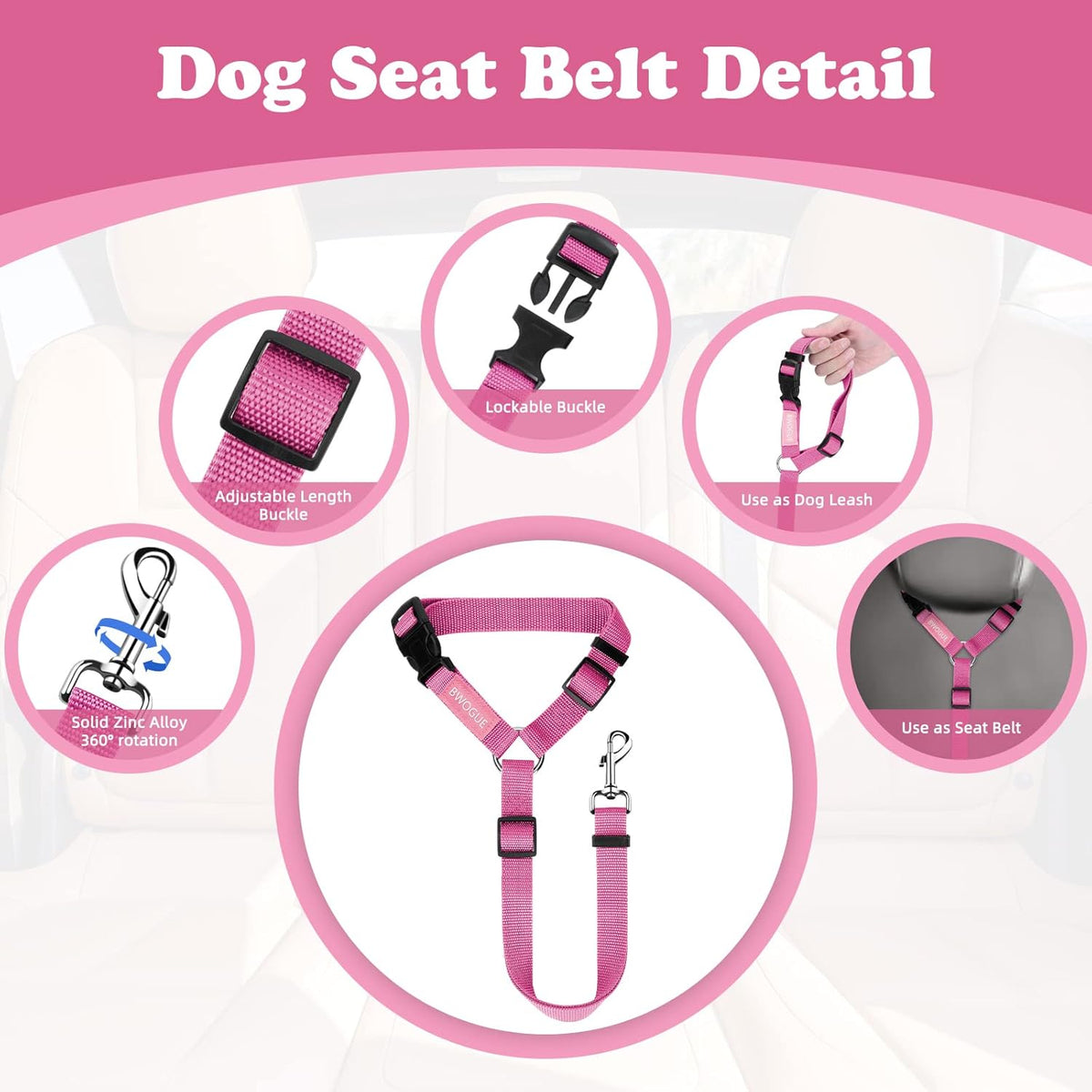 BWOGUE 2 Packs Dog Cat Safety Seat Belt Strap Car Headrest Restraint Adjustable Nylon Fabric Dog