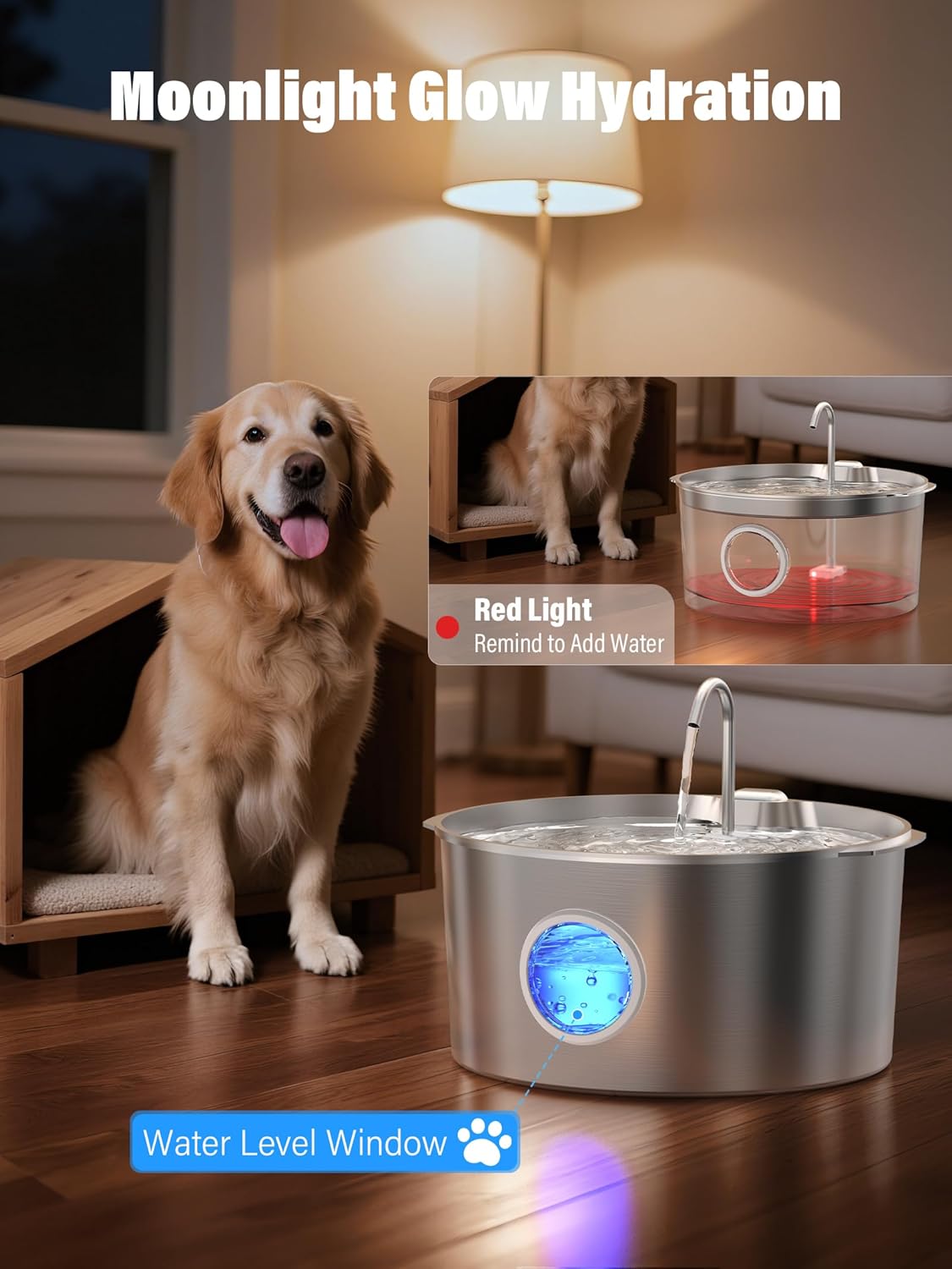 3.4Gal Dog Water Fountain for Large Dogs, Extra Large Stainless Steel Pet Water Fountain, Round Dog