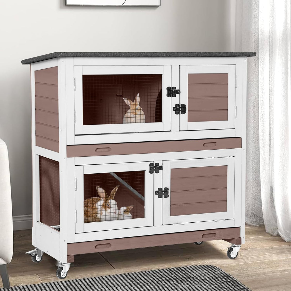 GUTINNEEN Rabbit Hutch Indoor with Chew-Proof Design, Wooden Bunny Cage Guinea Pig Cages with
