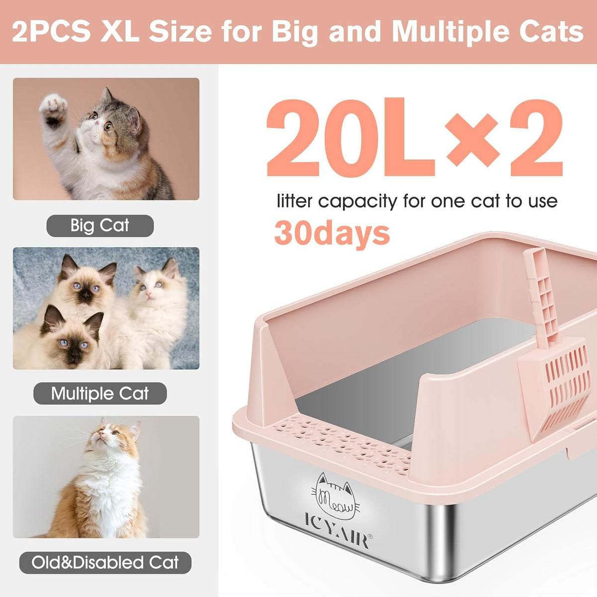 2PACK Stainless Steel Cat Litter Box with High Sides Lid, XL Litter Box for Big Multiple Cats