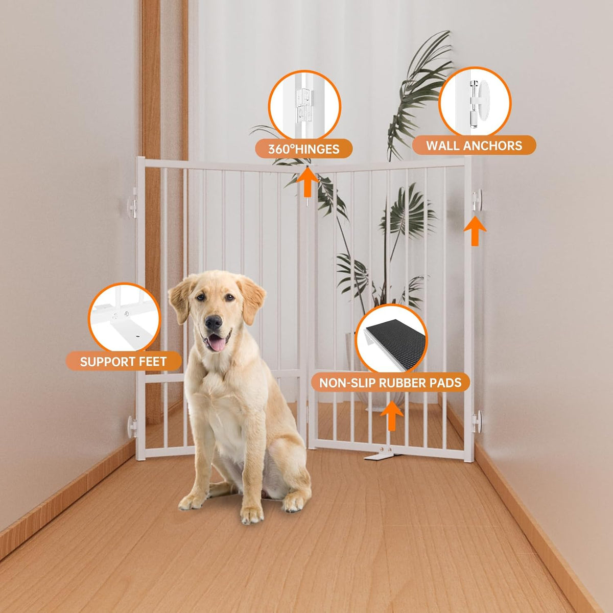 Full Metal Freestanding Dog Gate with Door, 32''Height Foldable Pet Dog Fence for Indoor & Outdoor
