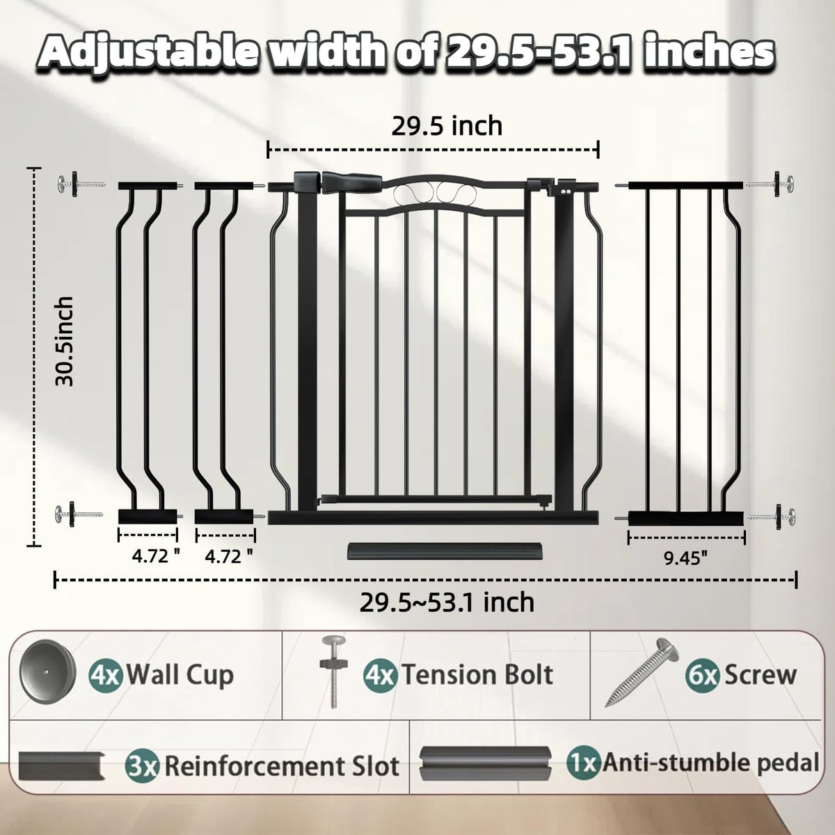 Baby Gate for Stairs 29.53"-53.1" Extra Wide, Pressure Mounted Dog Gate Indoor, Walk Thru Pet Gate