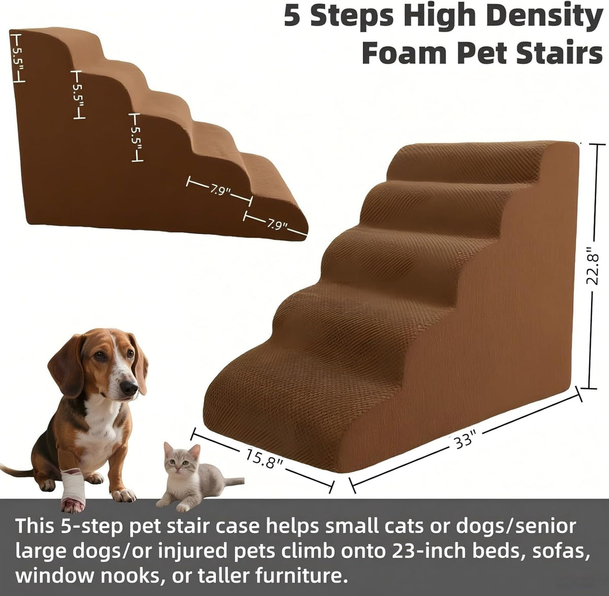 5 Step Pet Stairs Ramp for High Beds Sofas 5-30 Inch with Sturdy Non Slip Waterproof Pads, Machine