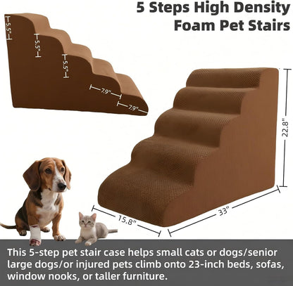 5 Step Pet Stairs Ramp for High Beds Sofas 5-30 Inch with Sturdy Non Slip Waterproof Pads, Machine