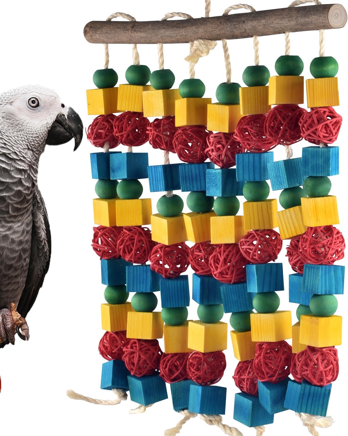 Large Parrot Toys, 17.7 inch Multicolored Natural Wooden Blocks Beads Rattan Balls, Bird Chew and
