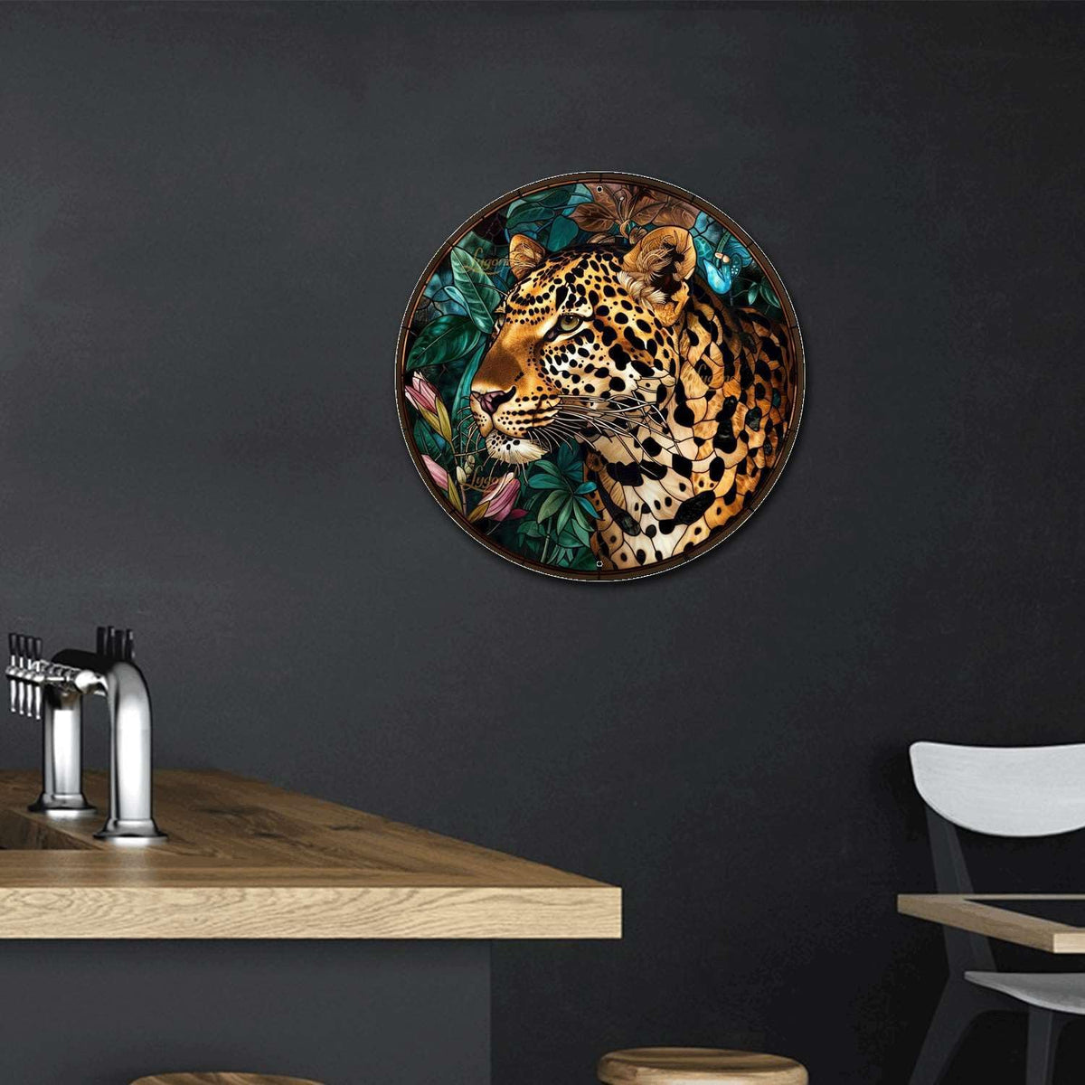Lygond Metal Sign Tin Sign Circular Stained Glass Leopard Metal Signs Vintage For Restaurant 8×8