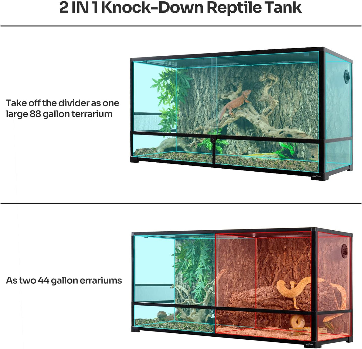 REPTIZOO 88 Gallon Large Reptile Terrarium 48" x 18" x 24" Knock-Down Glass Reptile Tank with