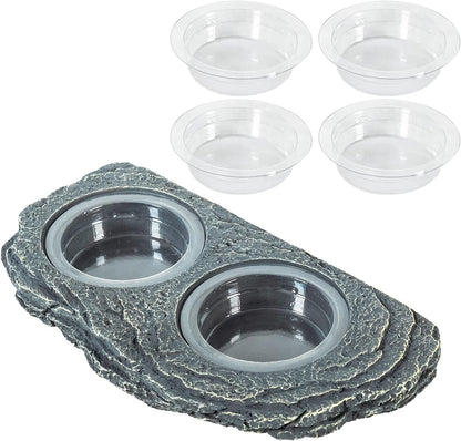 REPTIZOO Reptile Magnetic Feeder Ledge, Double Bowl Reptile Food Dish with 6PCS Feeding Cups Food