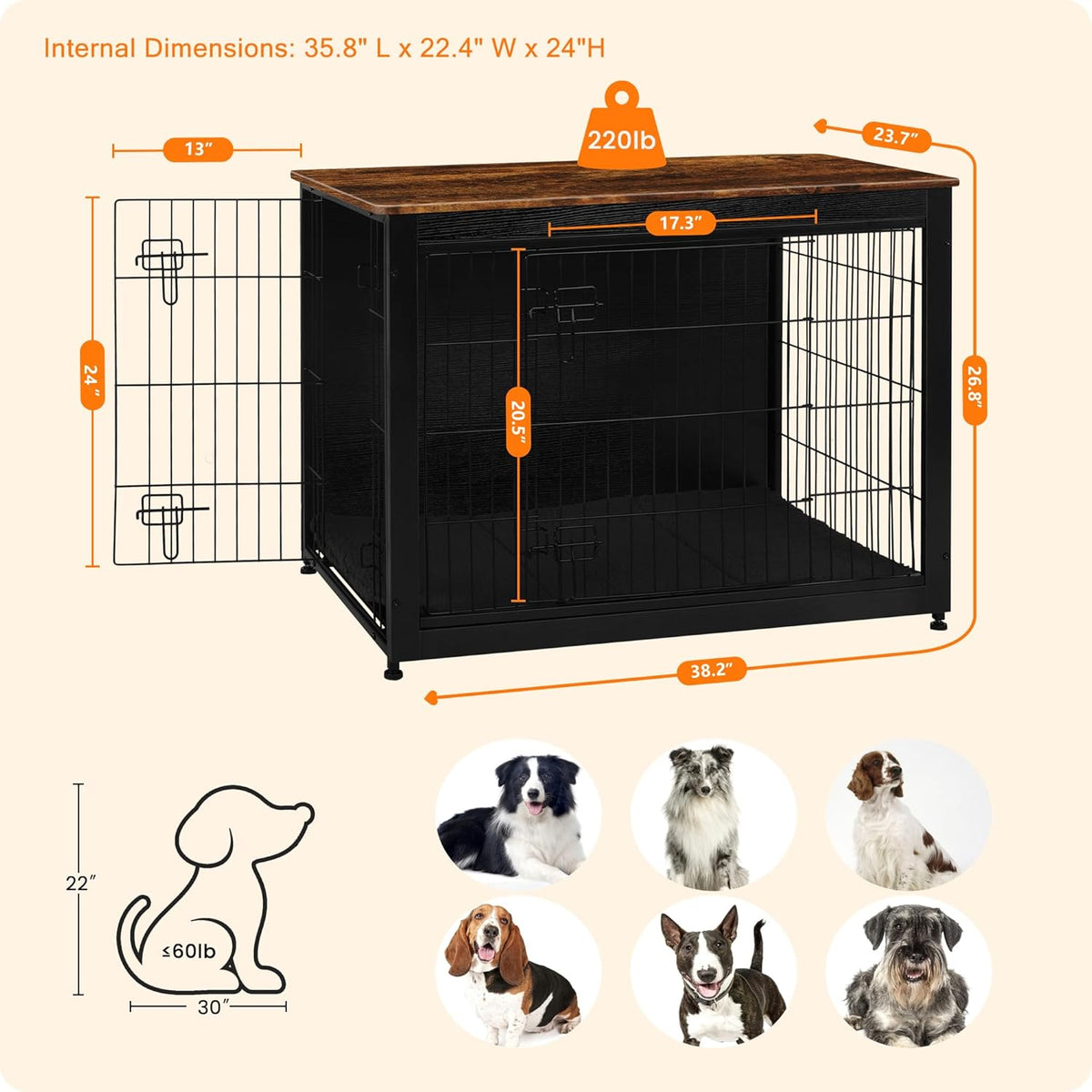 DWANTON Dog Crate Furniture with Cushion, Wooden Kennel Table with Double Doors, Indoor Dog House