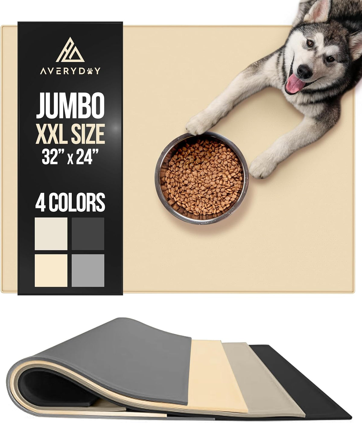 AVERYDAY 32x24'' Silicone Dog Mat for Food and Water, 0.63'' Edge Dog Food Bowl Mats for Floor