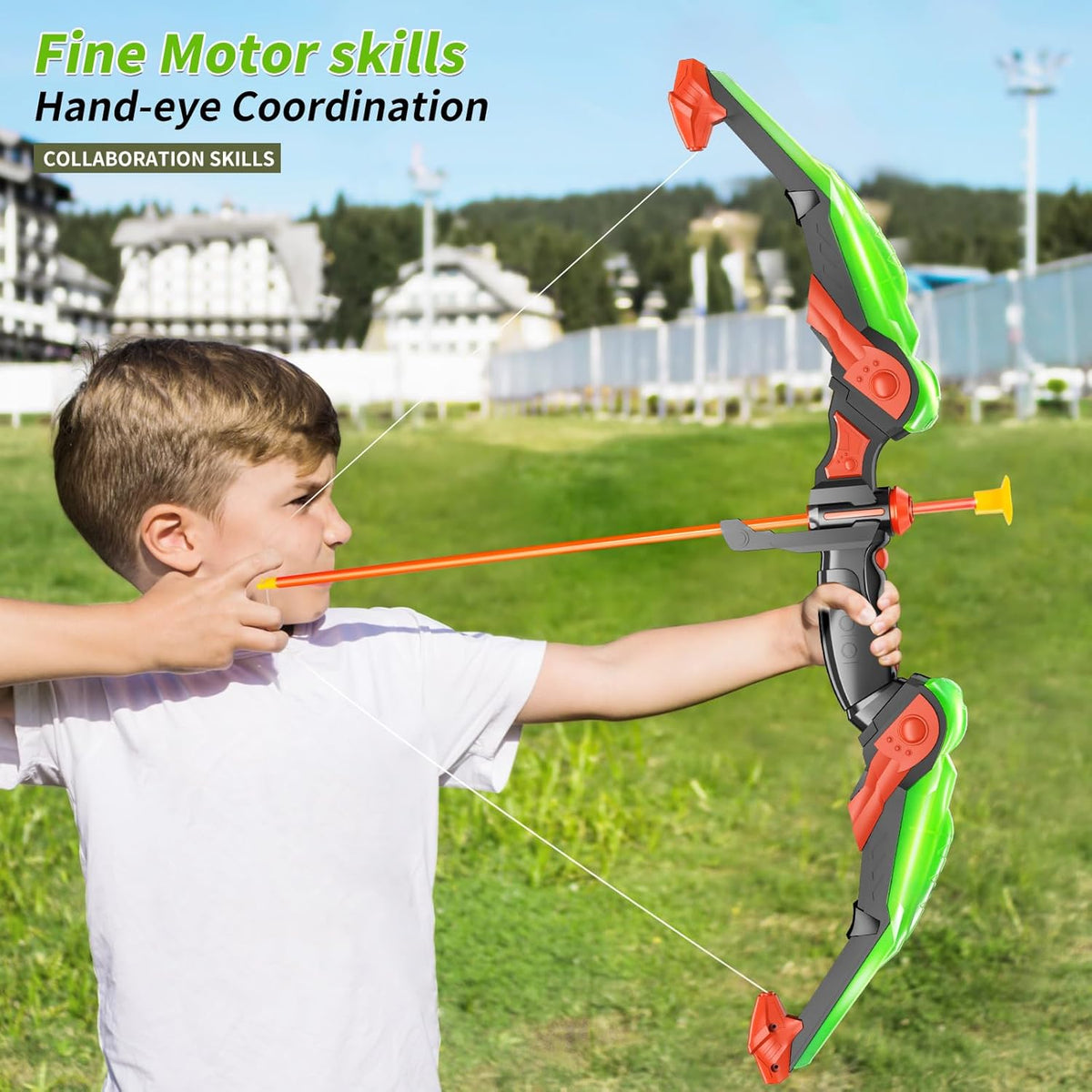 TEMI Bow and Arrow Set for Kids - Archery Toy Set - LED Light Up with Suction Cup Arrows, Target &