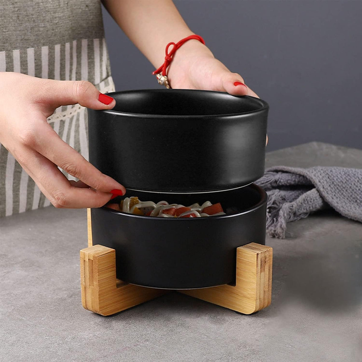 Petygooing Ceramic Black Cat Dog Bowl Set with Stand,Pet Food and Water Dish,Medium Pet Bowls