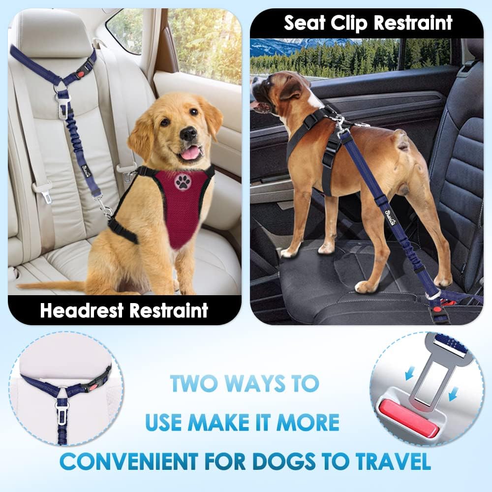 SlowTon Dog Seat Belt for Car, 2 Pack Dog Car Harness Seatbelt Adjustable with Elastic Bungee