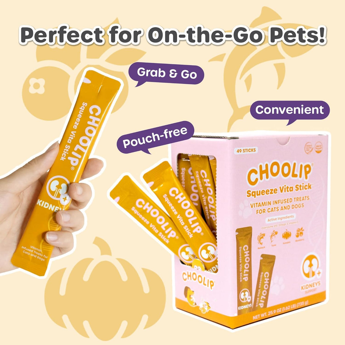 Grab & Go Squeeze Vita Stick Lickable Treats for Dogs & Cats. 49 Kidney Support Sticks with