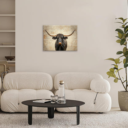 Rustic Highland Cow Pictures Wall Art, Farmhouse Longhorn Bull Bathroom Wall Decor Black Cow Framed