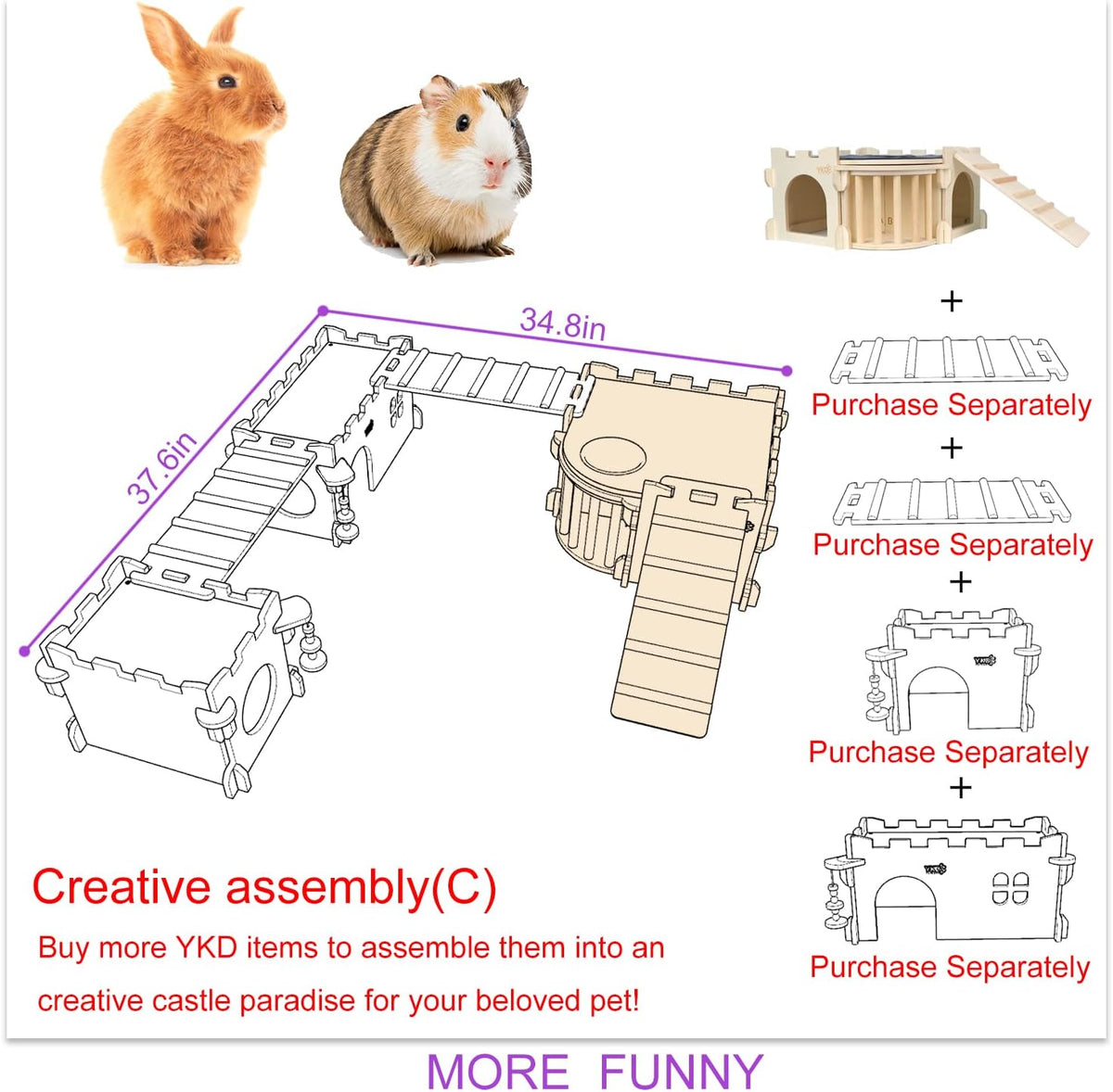 Large Guinea Pig Castle, Natural Wood Rabbit House with Ladder and Hay Feeder, Small Animal Hideout