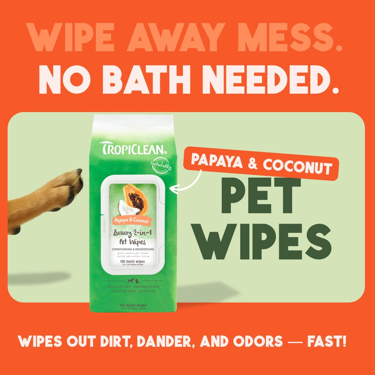 TropiClean Papaya & Coconut Luxury 2-in-1 Pet Wipes, 100ct - Wipes for Dogs & Cats - Gently Removes