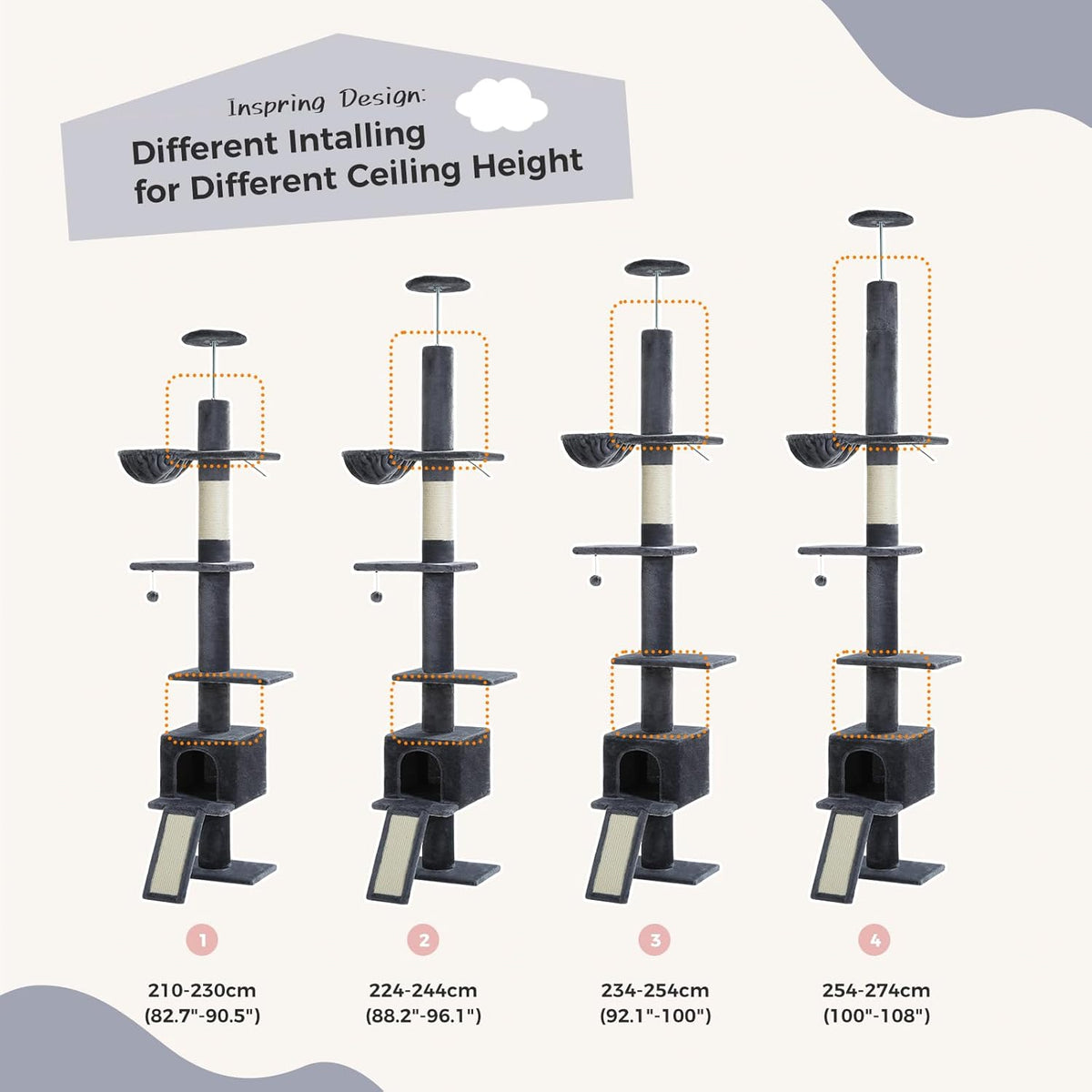PEQULTI Floor to Ceiling Cat Tree, Tall Cat Tower, Adjustable Height (83''-108'') 5 Levels Climbing