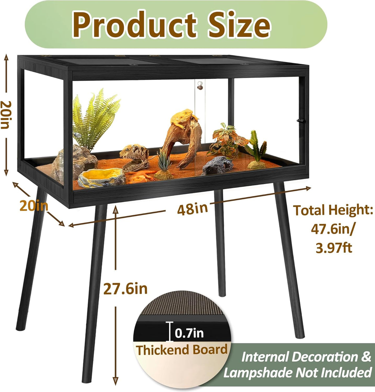 PROLEE Tempered Glass Reptile Enclosure with Leg,48“ Scratch-Proof Bearded Dragon Tank,79 Gallon