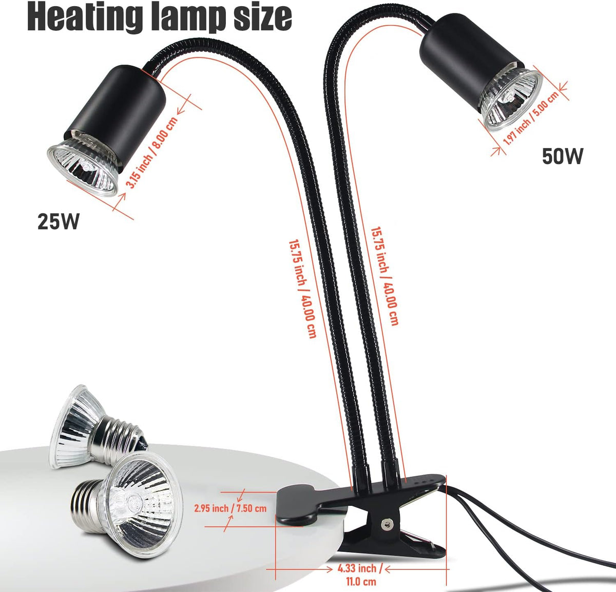Reptile Heat Lamp, Double-Head Heat Lamp with Clamp, UVA UVB Reptile Light with Intelligent Cycle