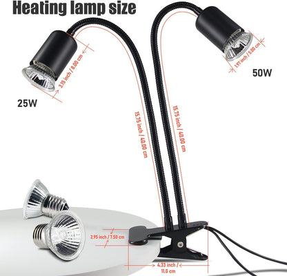 Reptile Heat Lamp, Double-Head Heat Lamp with Clamp, UVA UVB Reptile Light with Intelligent Cycle
