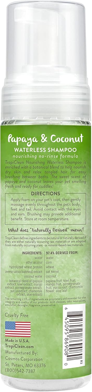 TropiClean No Rinse Waterless Dog Shampoo | Detangling & Deodorizing Dry Shampoo for Smelly Pets |