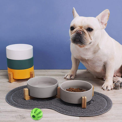 Petygooing Dog Bowls,Grey Ceramic Cat Dog Bowl Set with Wood Stand for Food and Water,Non-Slip Cute