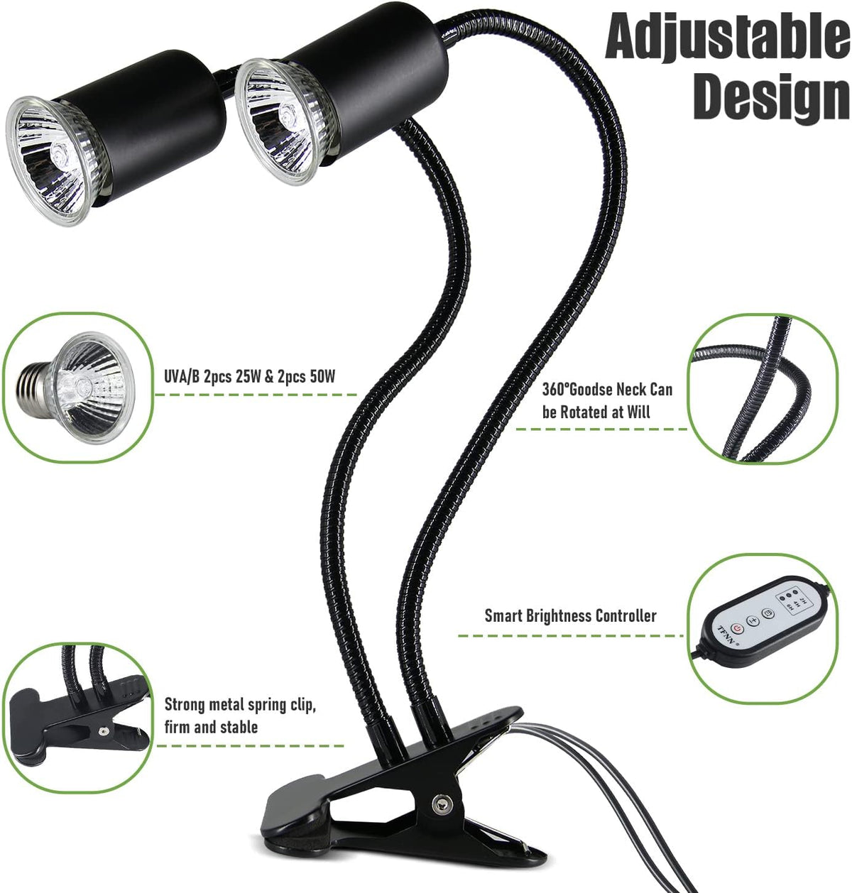 Reptile Heat Lamp, Double-Head Heat Lamp with Clamp, UVA UVB Reptile Light with Intelligent Cycle