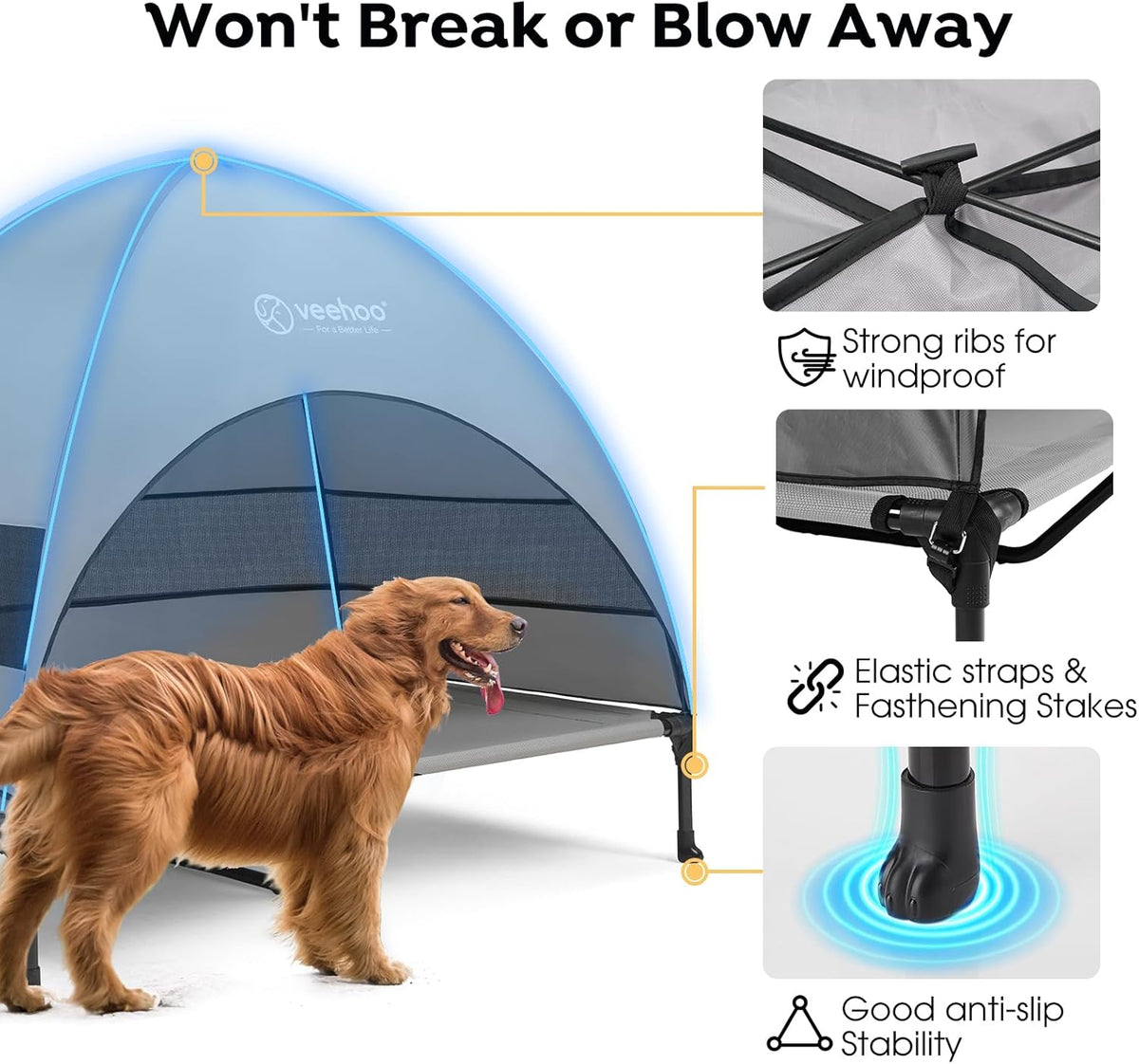 Veehoo Outdoor Dog Bed with Canopy, Cooling Elevated Pet Cot with Removable Shade, Non-Slip Feet