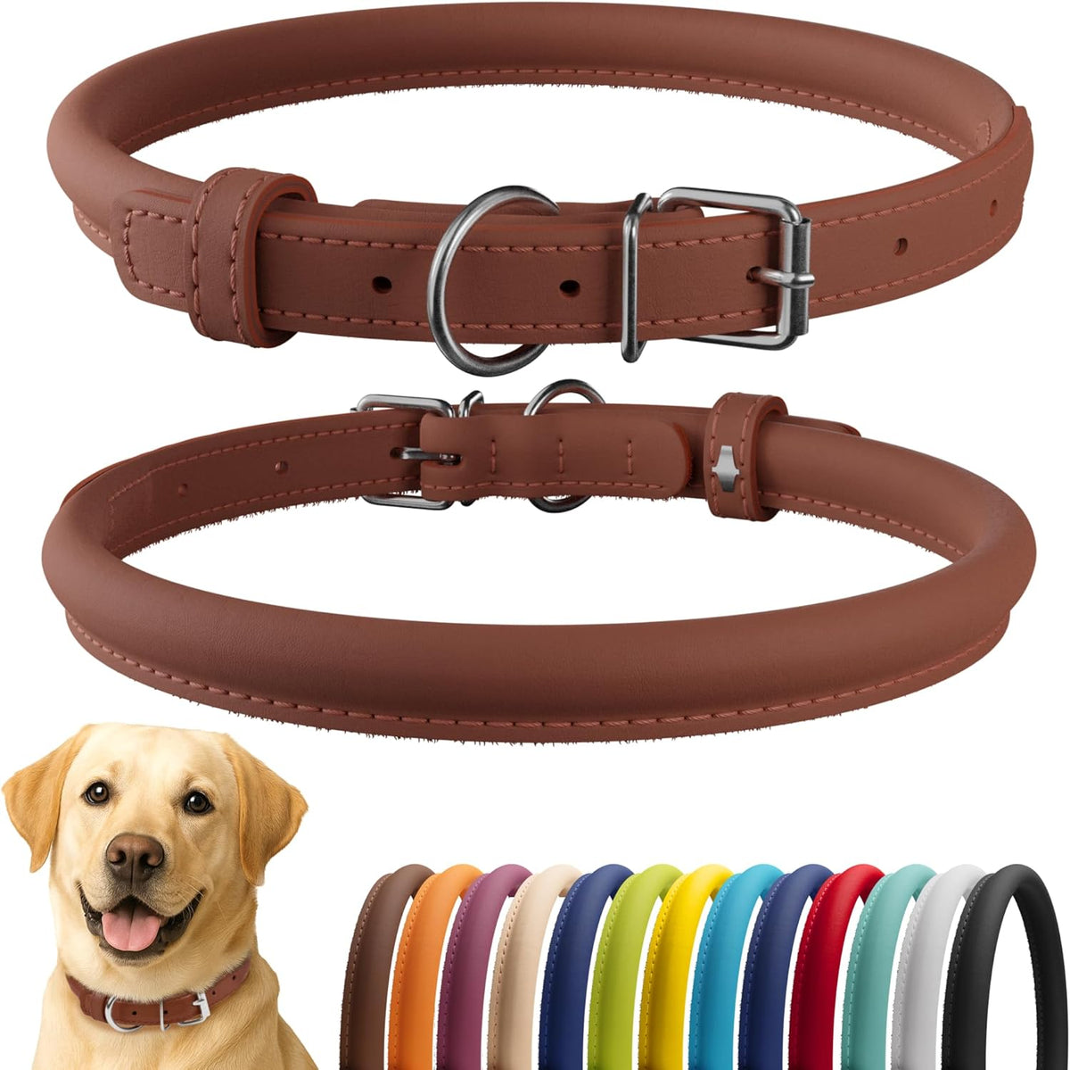 CollarDirect Rolled Leather Dog Collar, Soft Padded Round Puppy Collar, Handmade Genuine Leather