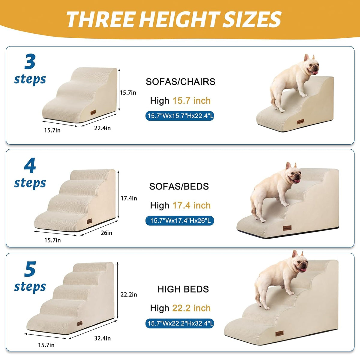 4-Step Dog Stairs and Ramp for Beds or Couches,Non-Slip Sturdy Pet Steps for Small Dogs and