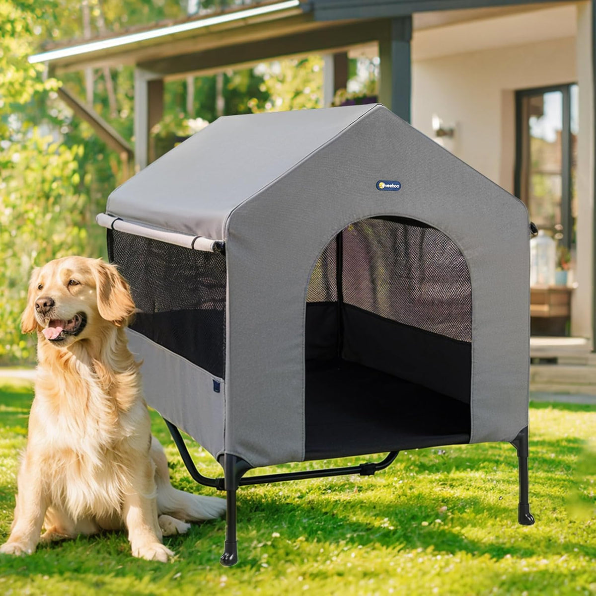 Veehoo 47" Dog House, 2-in-1 X-Large Dog House Outdoor Indoor Weatherproof, Outside Elevated Dog