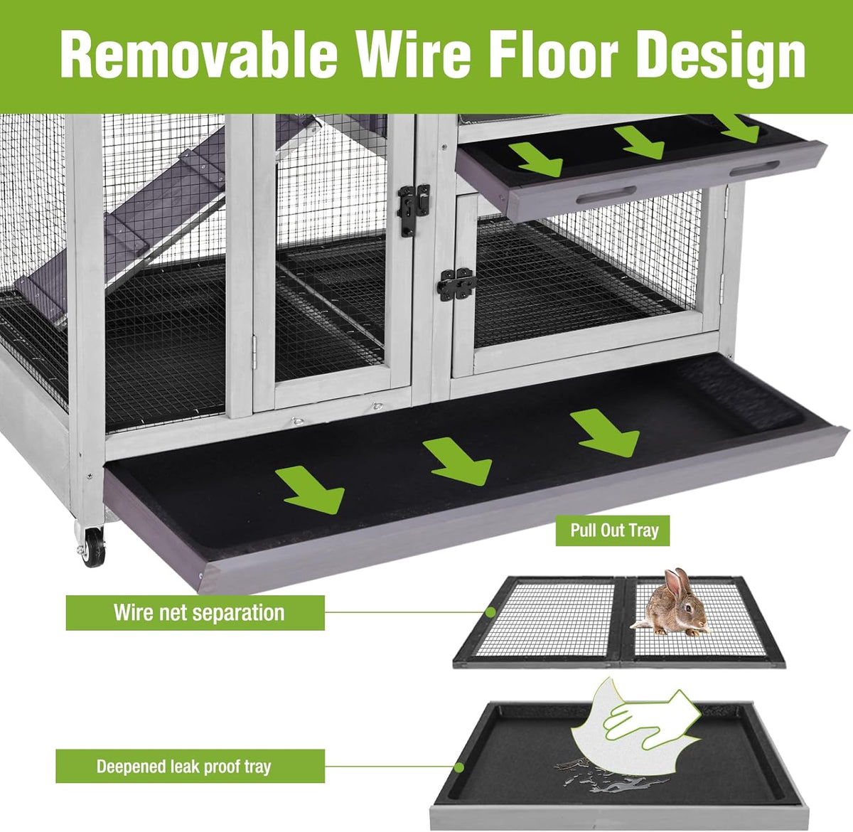 2-Story Rabbit Hutch Indoor Bunny Cage Outdoor Guinea Pig House with Wire Mesh Floor, Leak-Proof