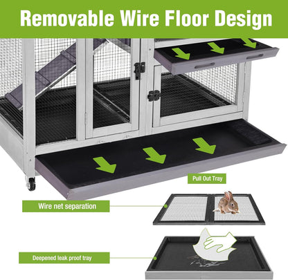 2-Story Rabbit Hutch Indoor Bunny Cage Outdoor Guinea Pig House with Wire Mesh Floor, Leak-Proof