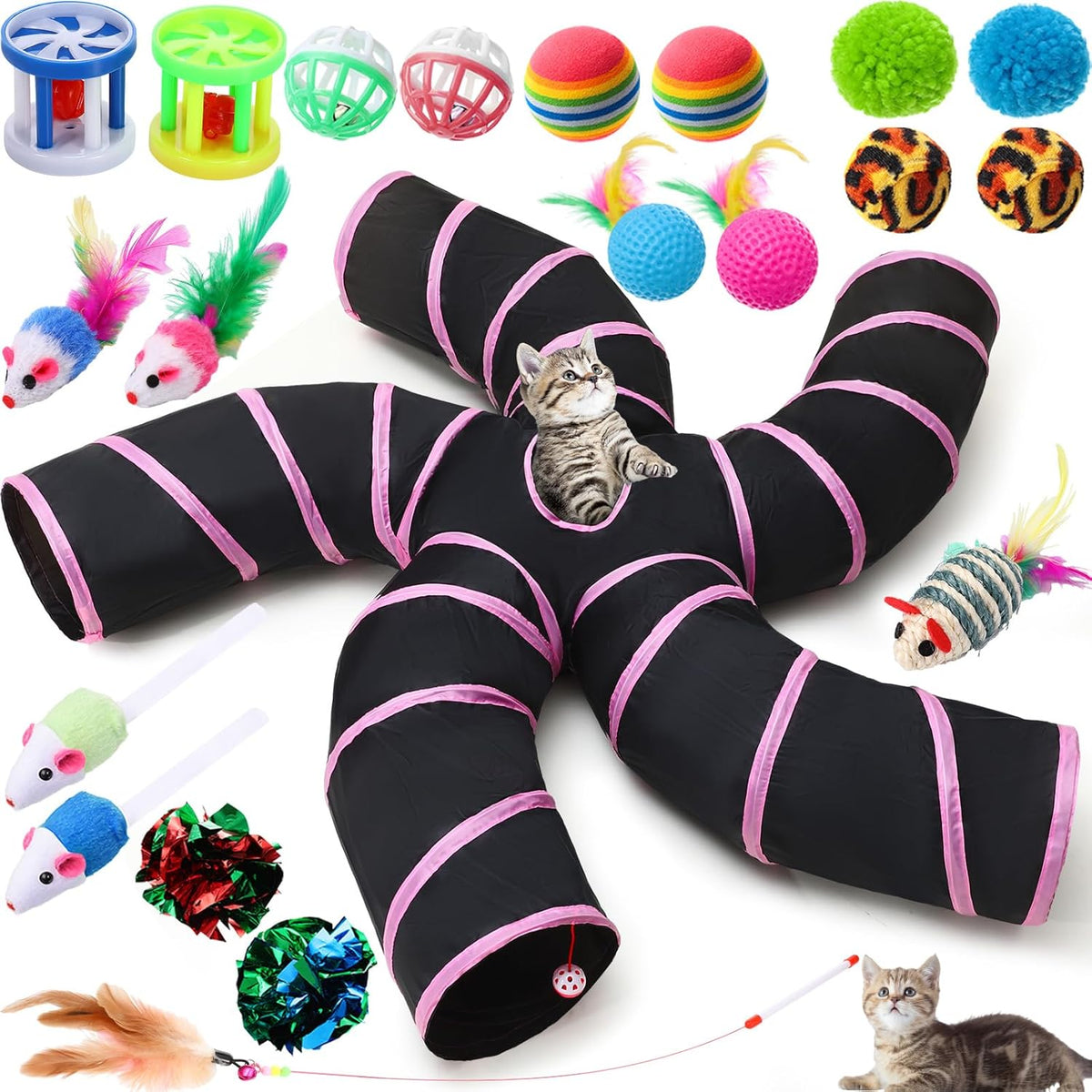 Poen 21 Pcs Cat Tunnel for Indoor Set Collapsible 5 Way Tubes with 20 Pcs Cat Kitten Toys