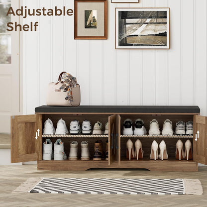2-Tier Storage Bench, Shoe Bench with Padded Seat Cushion, Entryway Bench with 4 Barn Doors